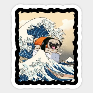 Sushi Pug Riding the Great Wave: A Surfing Adventure Sticker